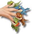 Set de cuatro figuras de dinosaurios PartyStore que muerden los dedos en colores verde, azul y marrón