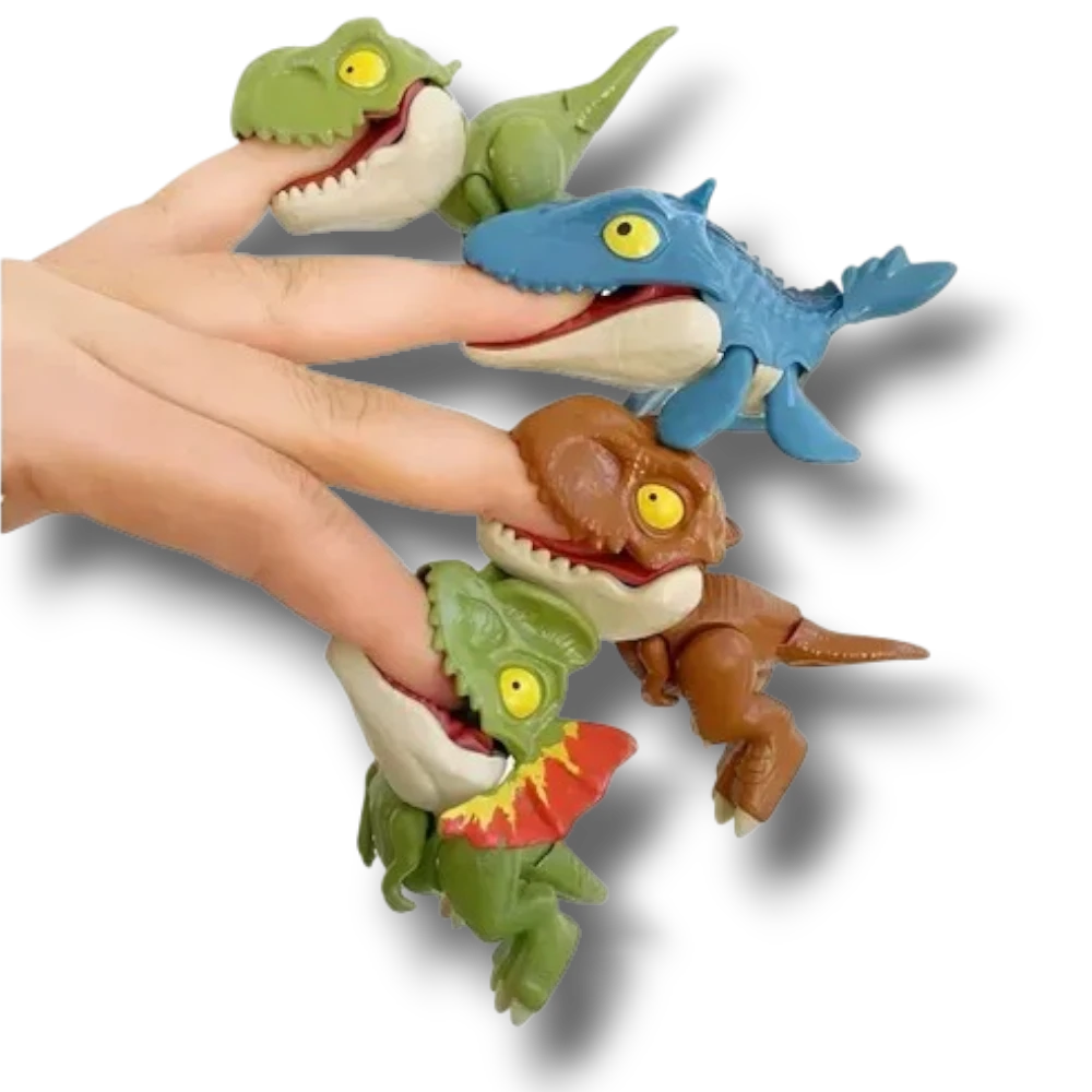 Set de cuatro figuras de dinosaurios PartyStore que muerden los dedos en colores verde, azul y marrón