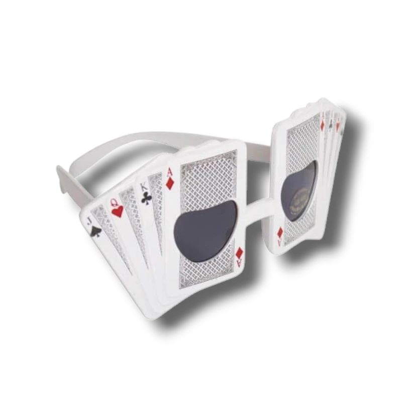 Gafas de fiesta PartyStore con diseño de cartas de casino, montura blanca y cristales oscuros para disfraces.
