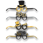 Set de 4 gafas de papel PartyStore para Año Nuevo con detalles en purpurina dorada, plateada y negra