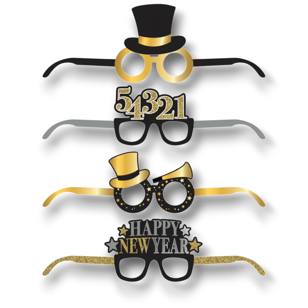 Set de 4 gafas de papel PartyStore para Año Nuevo con detalles en purpurina dorada, plateada y negra