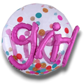 Globo PartyStore de 36 pulgadas con diseño transparente, confeti colorido y letras metálicas fucsias que dicen Girl