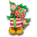 Globo Airloonz PartyStore con diseño de duendes navideños y regalos decorados con lazos y copos de nieve