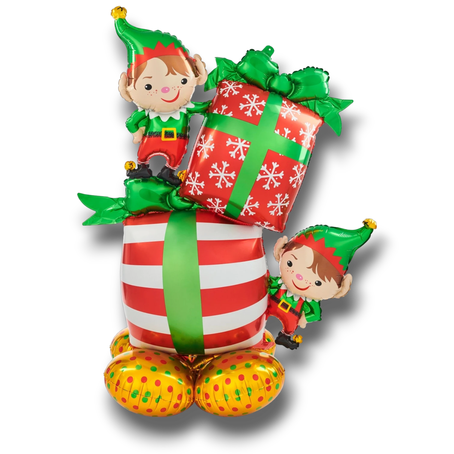 Globo Airloonz PartyStore con diseño de duendes navideños y regalos decorados con lazos y copos de nieve