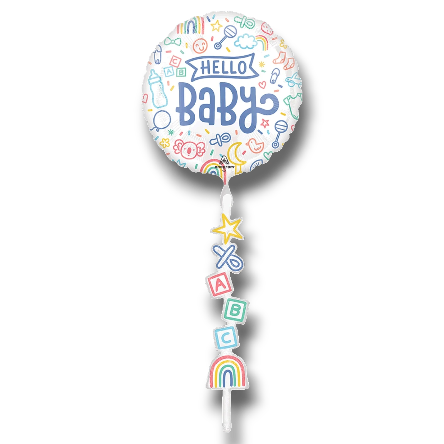 Globo PartyStore Airwalker Hello Baby con diseño de iconos infantiles coloridos y bloques de letras ABC