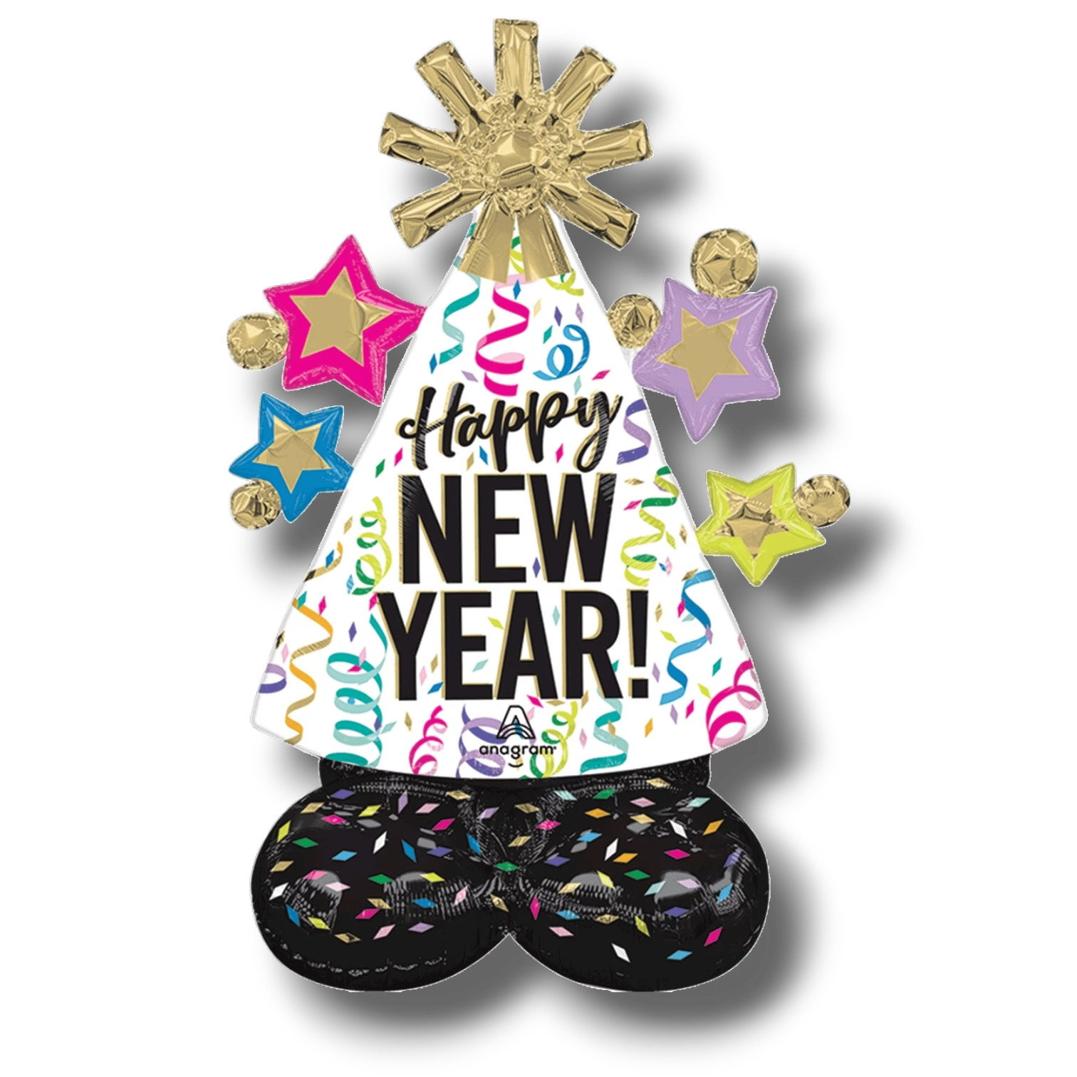 Globo Airloonz PartyStore de Año Nuevo con diseño de gorro festivo, confeti colorido y estrellas decorativas