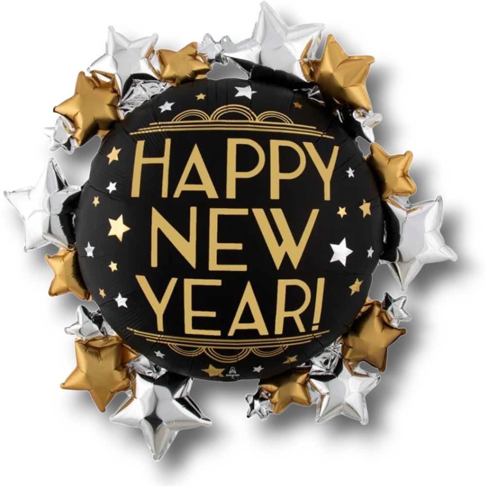 Globo PartyStore de 36 pulgadas con diseño Happy New Year en negro, dorado y plateado con estrellas decorativas