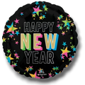 Globo PartyStore de 18 pulgadas con fondo negro, estrellas coloridas y texto Happy New Year para Año Nuevo