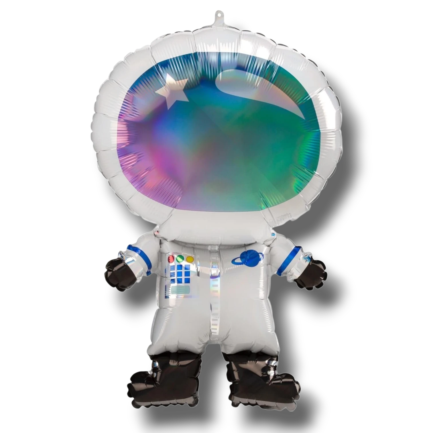 Globo metalizado de 36 pulgadas con forma de astronauta de PartyStore, con visor iridiscente y detalles espaciales.