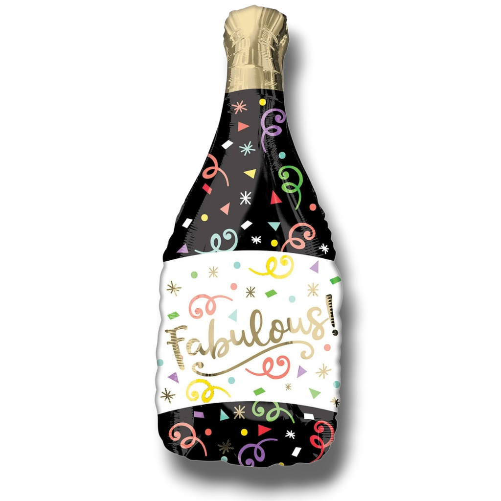Globo metalizado PartyStore de 36 pulgadas con forma de botella de champán, diseño negro con confeti y texto Fabulous