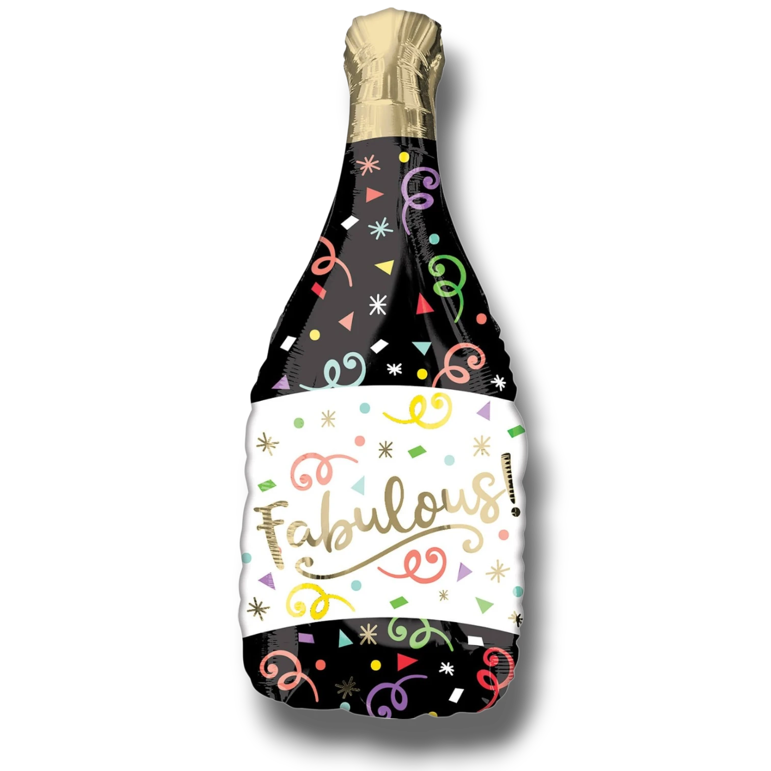 Globo metalizado PartyStore de 36 pulgadas con forma de botella de champán, diseño negro con confeti y texto Fabulous