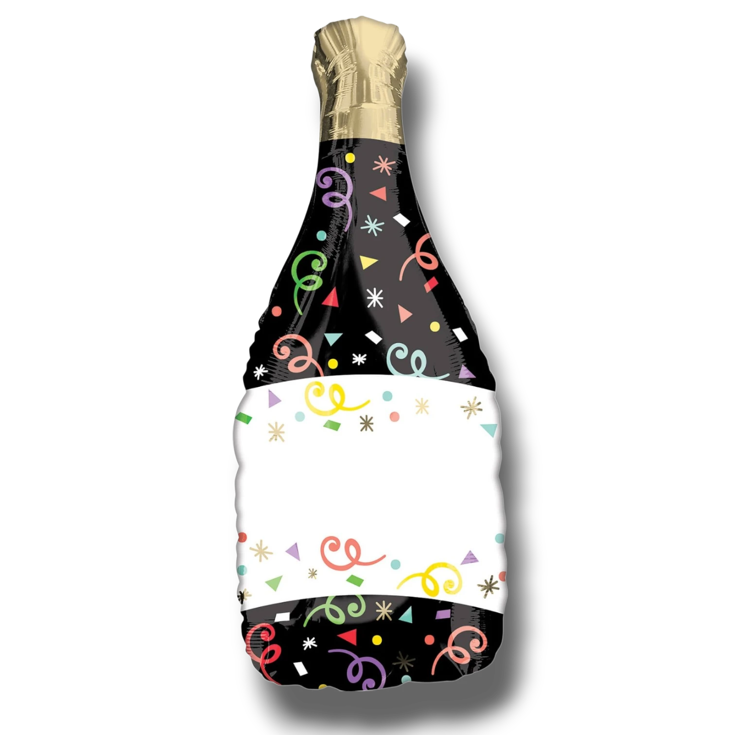 Globo metalizado PartyStore de 36 pulgadas con forma de botella de champán, diseño negro con confeti y serpentinas