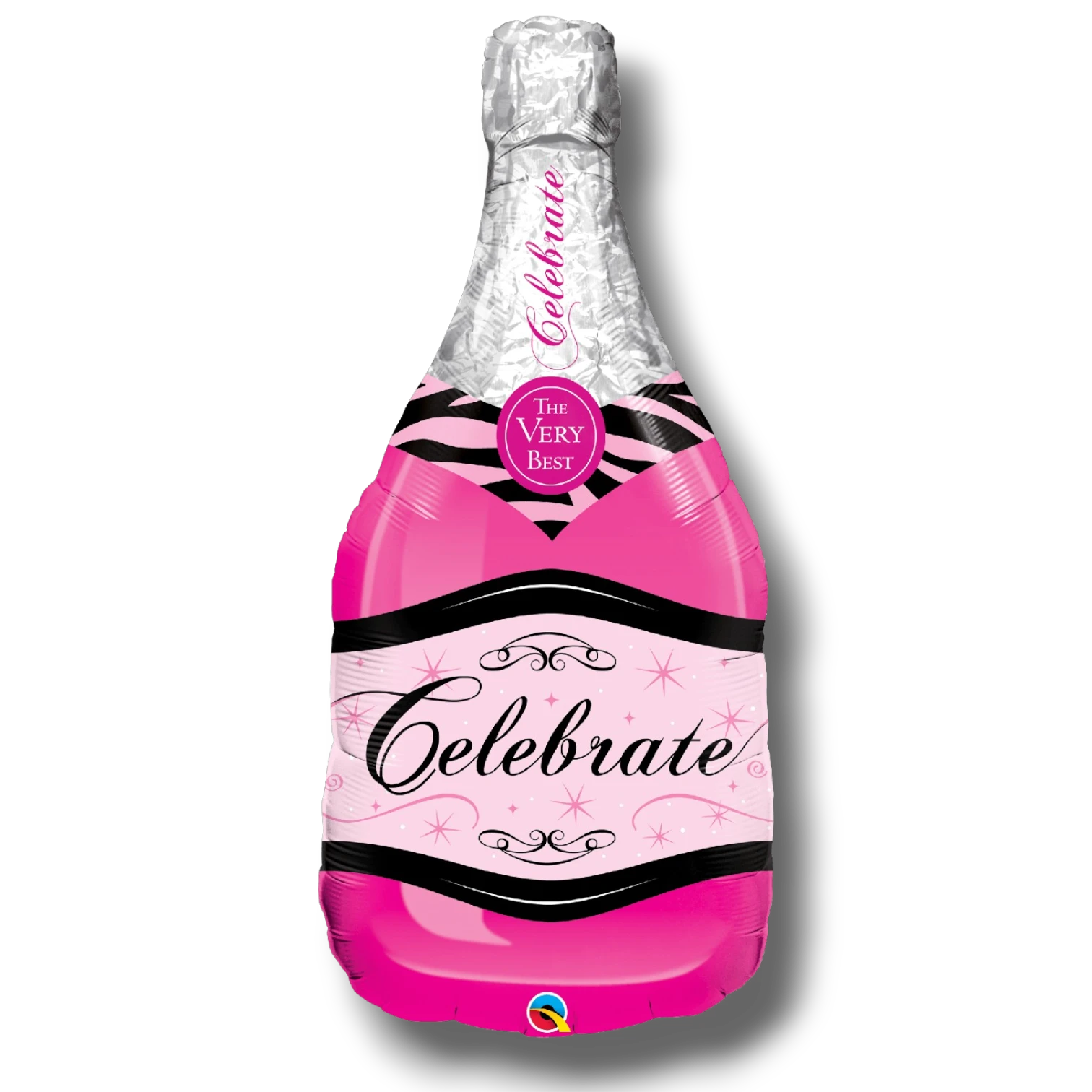 Globo metalizado PartyStore de 36 pulgadas con forma de botella de champán rosa y detalles en negro y plateado