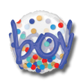 Globo PartyStore de 36 pulgadas transparente con confeti colorido y la palabra boy en letras cursivas azul oscuro