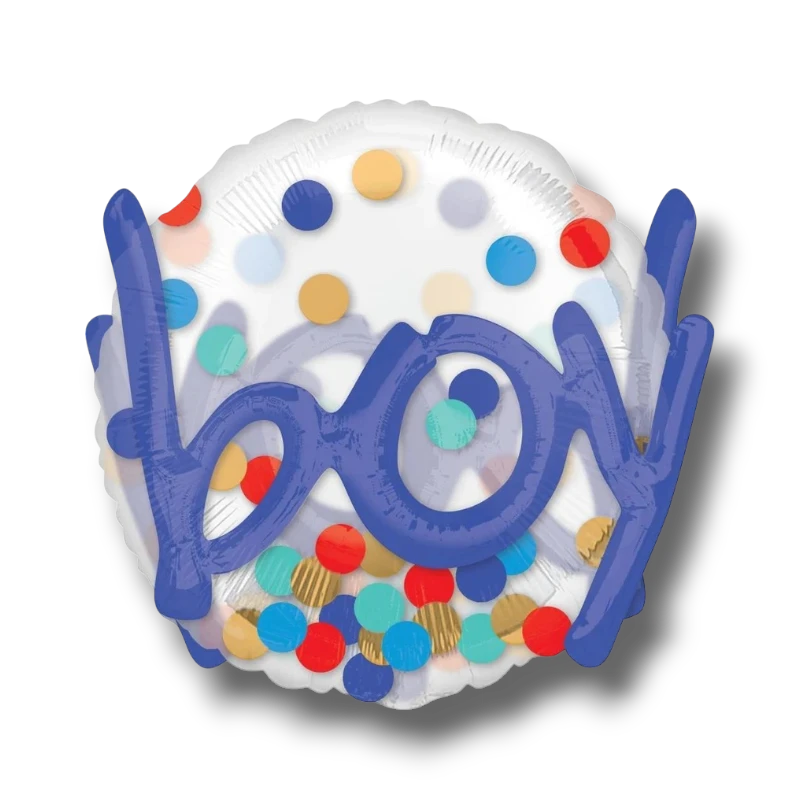 Globo PartyStore de 36 pulgadas transparente con confeti colorido y la palabra boy en letras cursivas azul oscuro