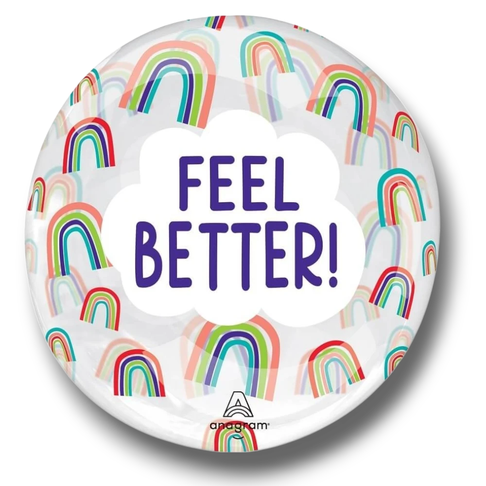 Globo burbuja PartyStore de 18 pulgadas con diseño de arcoíris coloridos y el mensaje Feel Better en el centro