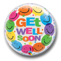 Globo burbuja PartyStore con diseño de caritas felices coloridas y mensaje Get Well Soon para recuperación