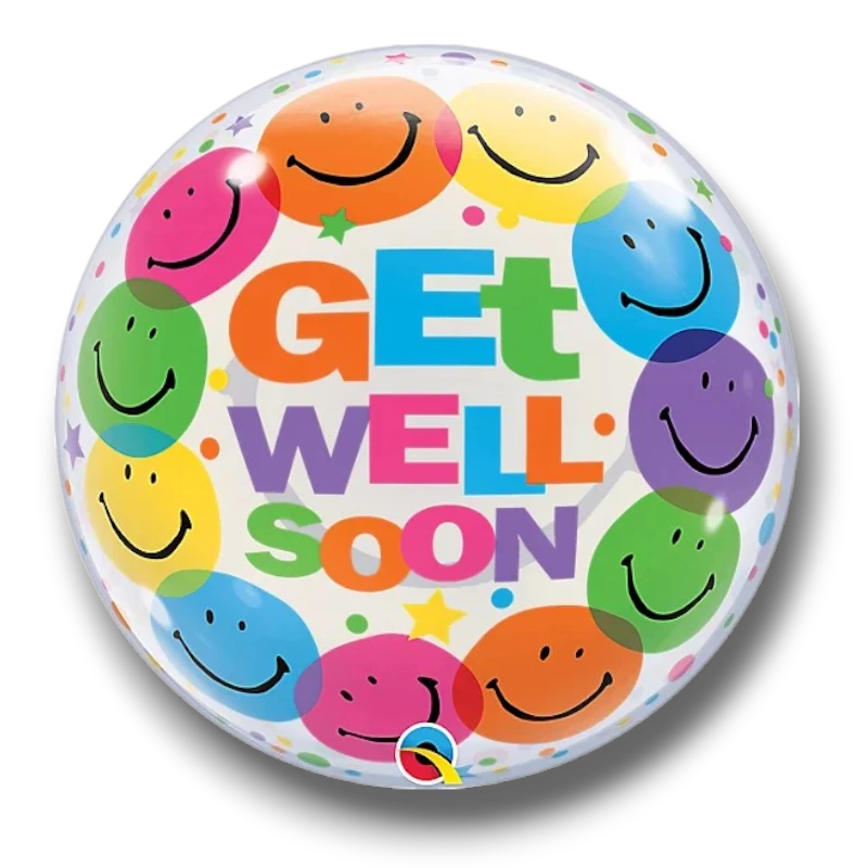 Globo burbuja PartyStore con diseño de caritas felices coloridas y mensaje Get Well Soon para recuperación