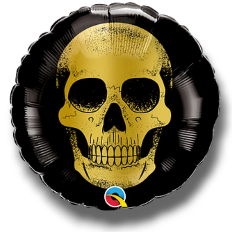 Globo metalizado PartyStore de 9 pulgadas con diseño de calavera dorada sobre fondo negro para decoración de fiestas