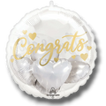 Globo PartyStore de 36 pulgadas con diseño de corazones plateados y la palabra Congrats en letras doradas cursivas