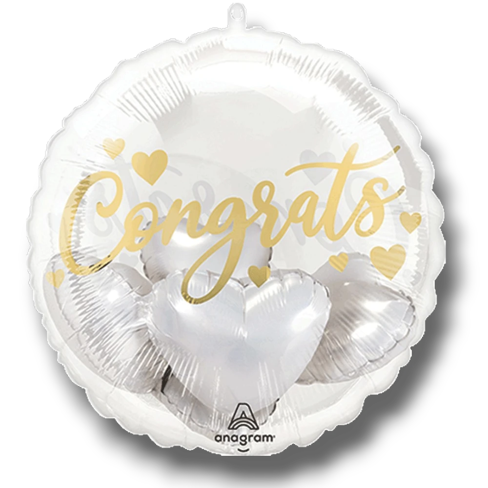 Globo PartyStore de 36 pulgadas con diseño de corazones plateados y la palabra Congrats en letras doradas cursivas