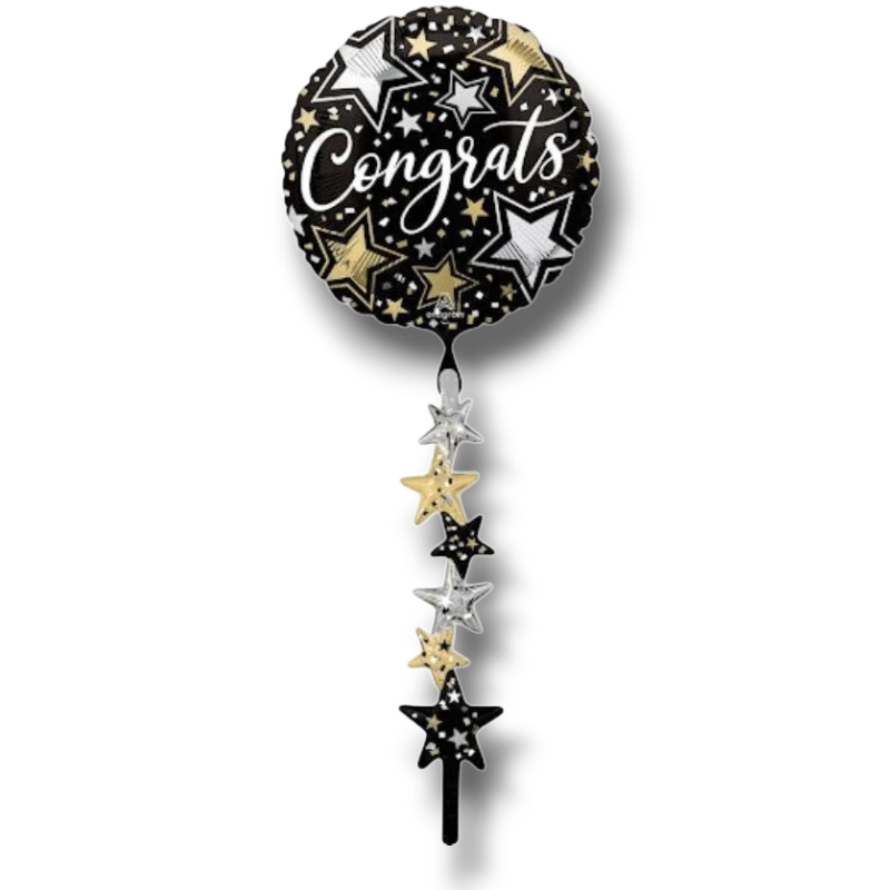 Globo PartyStore de 36 pulgadas con diseño de estrellas doradas, plateadas y negras y la palabra Congrats