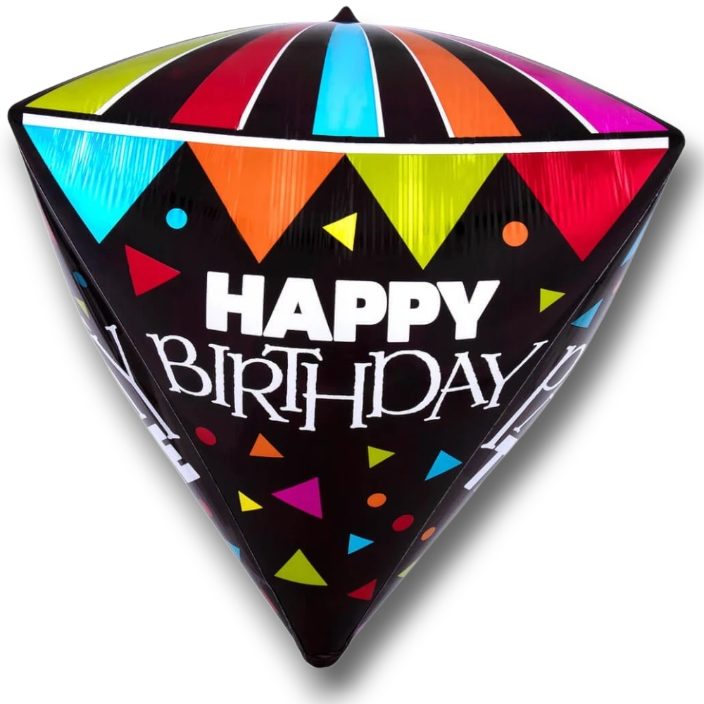 Globo de aluminio PartyStore con forma de diamante, diseño multicolor con confeti y texto Happy Birthday