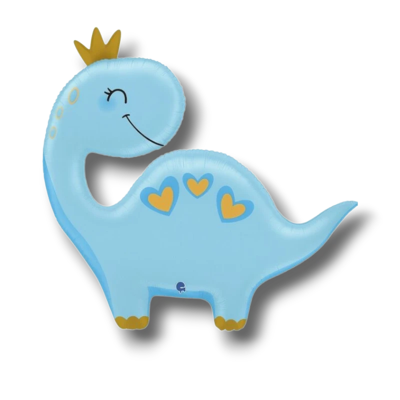 Globo metalizado PartyStore con forma de dinosaurio azul, detalles de corazones naranjas y corona dorada