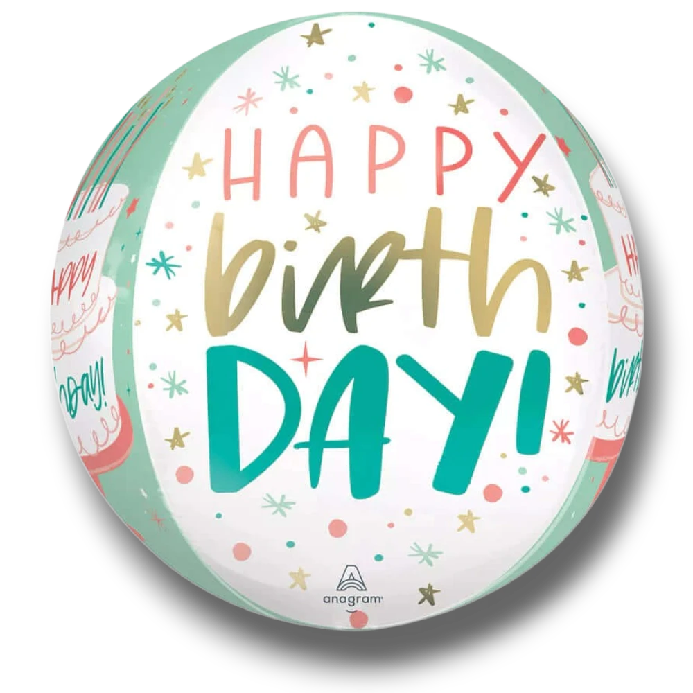Globo esférico PartyStore Orbz Happy Cake Day con diseño de pastel, confeti y letras coloridas de feliz cumpleaños.