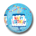 Globo esférico PartyStore azul con diseño de pastel de cumpleaños, velas y banderines coloridos