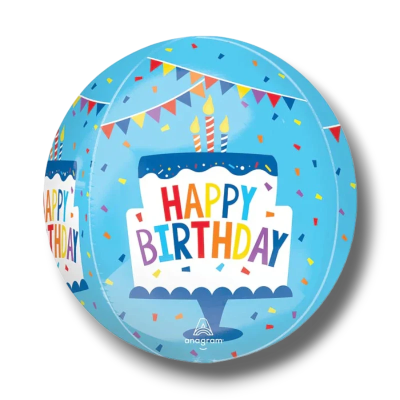 Globo esférico PartyStore azul con diseño de pastel de cumpleaños, velas y banderines coloridos