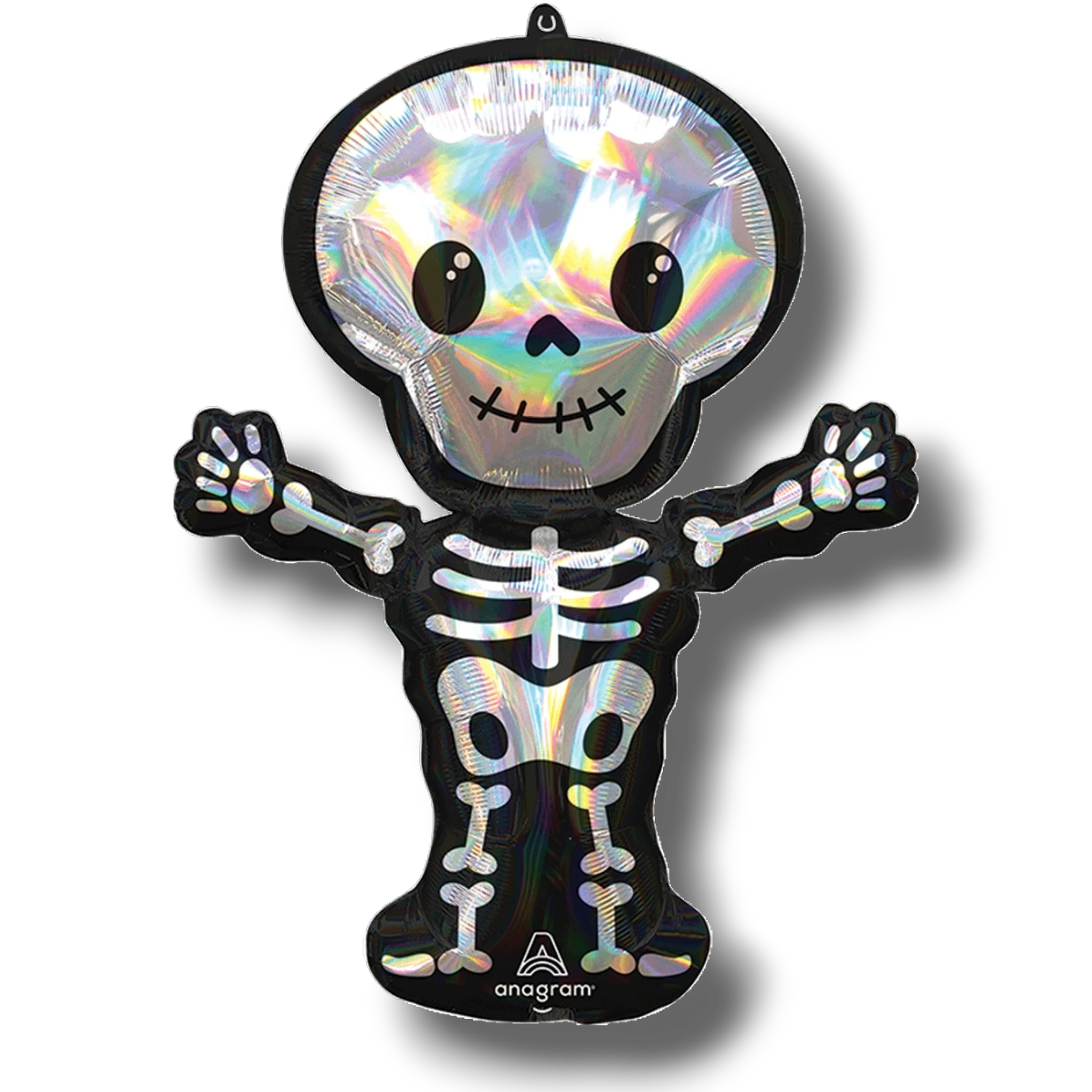 Globo de esqueleto PartyStore de 36 pulgadas con acabado holográfico brillante y diseño de calavera amigable
