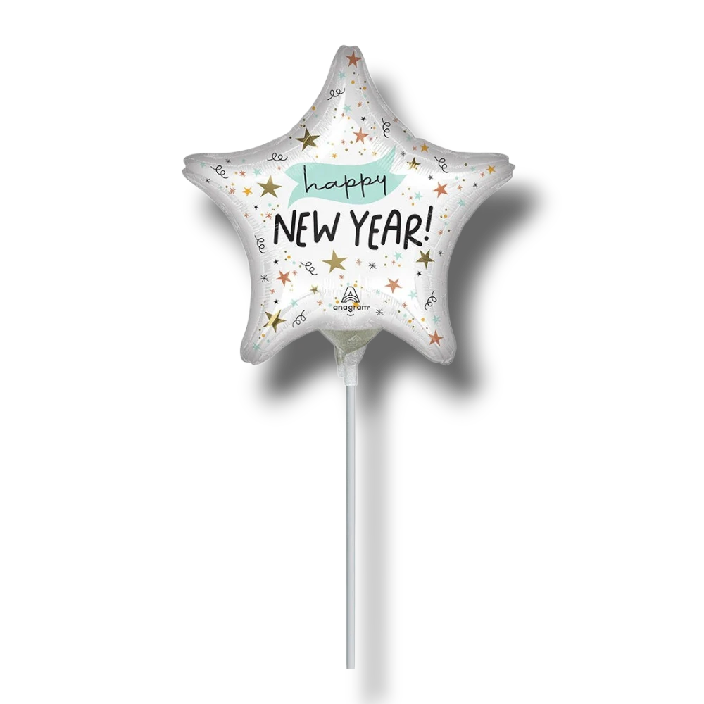 Globo de estrella PartyStore de 9 pulgadas con diseño Happy New Year, estrellas doradas y detalles festivos
