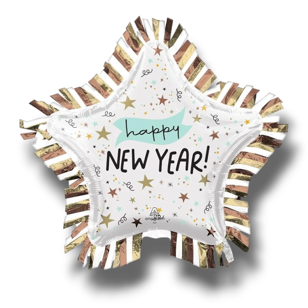 Globo de estrella PartyStore de 24 pulgadas con diseño Happy New Year, estrellas doradas y flecos metálicos