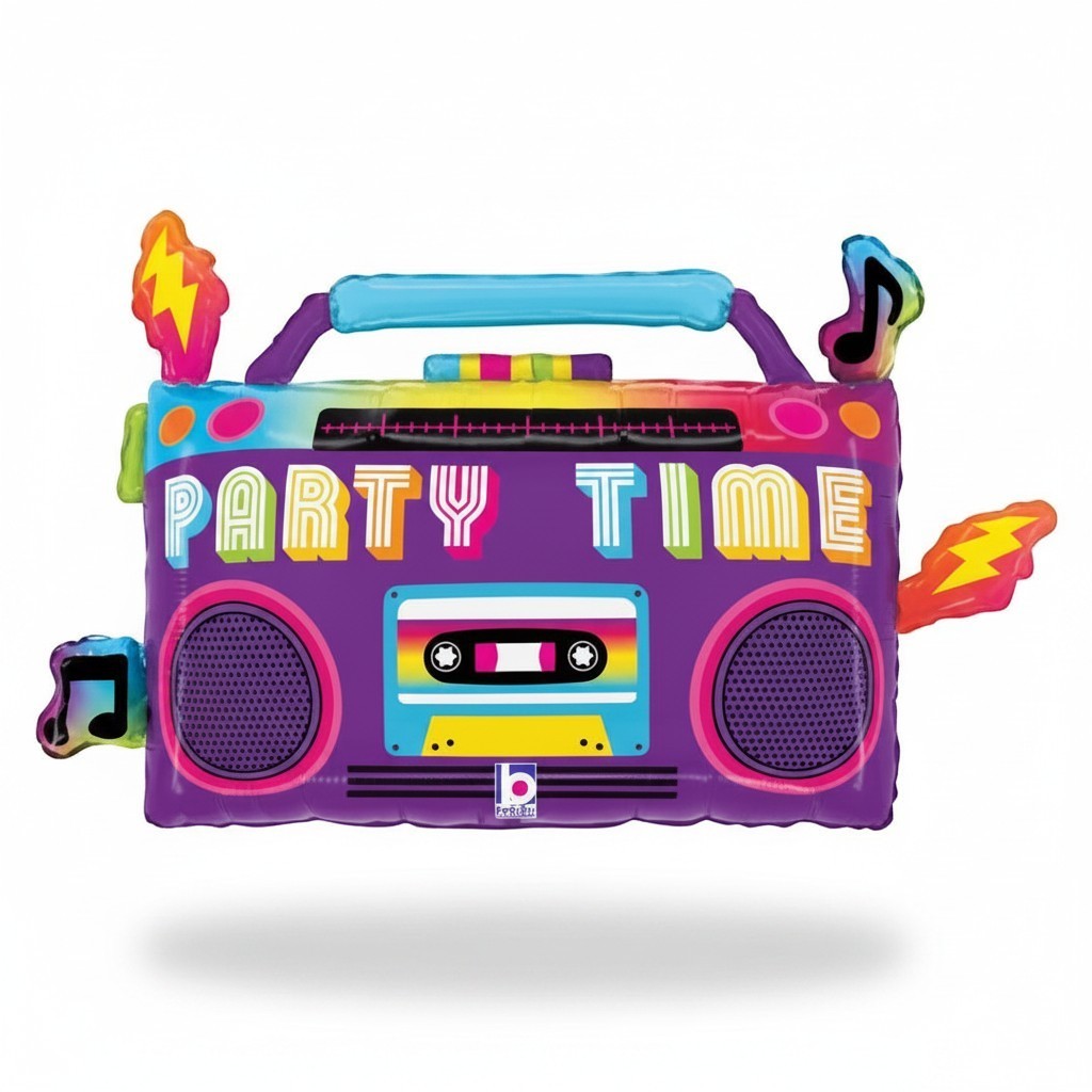 Globo 29" Party Time Box C/1, un globo morado con forma de radio retro con "PARTY TIME" escrito en letras coloridas, cinta de cassette y notas musicales.