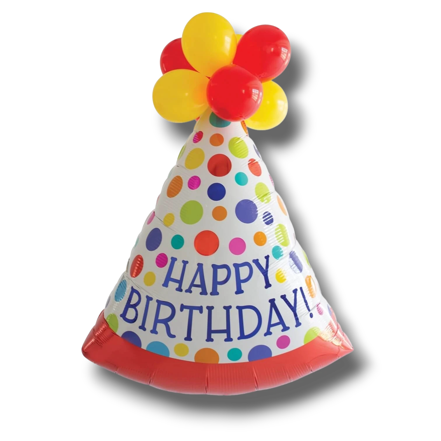 Globo de fiesta PartyStore de 36 pulgadas con forma de gorro de cumpleaños, lunares coloridos y globos en la punta.