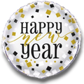 Globo metalizado redondo PartyStore de 18 pulgadas con diseño de confeti dorado y negro y texto Happy New Year