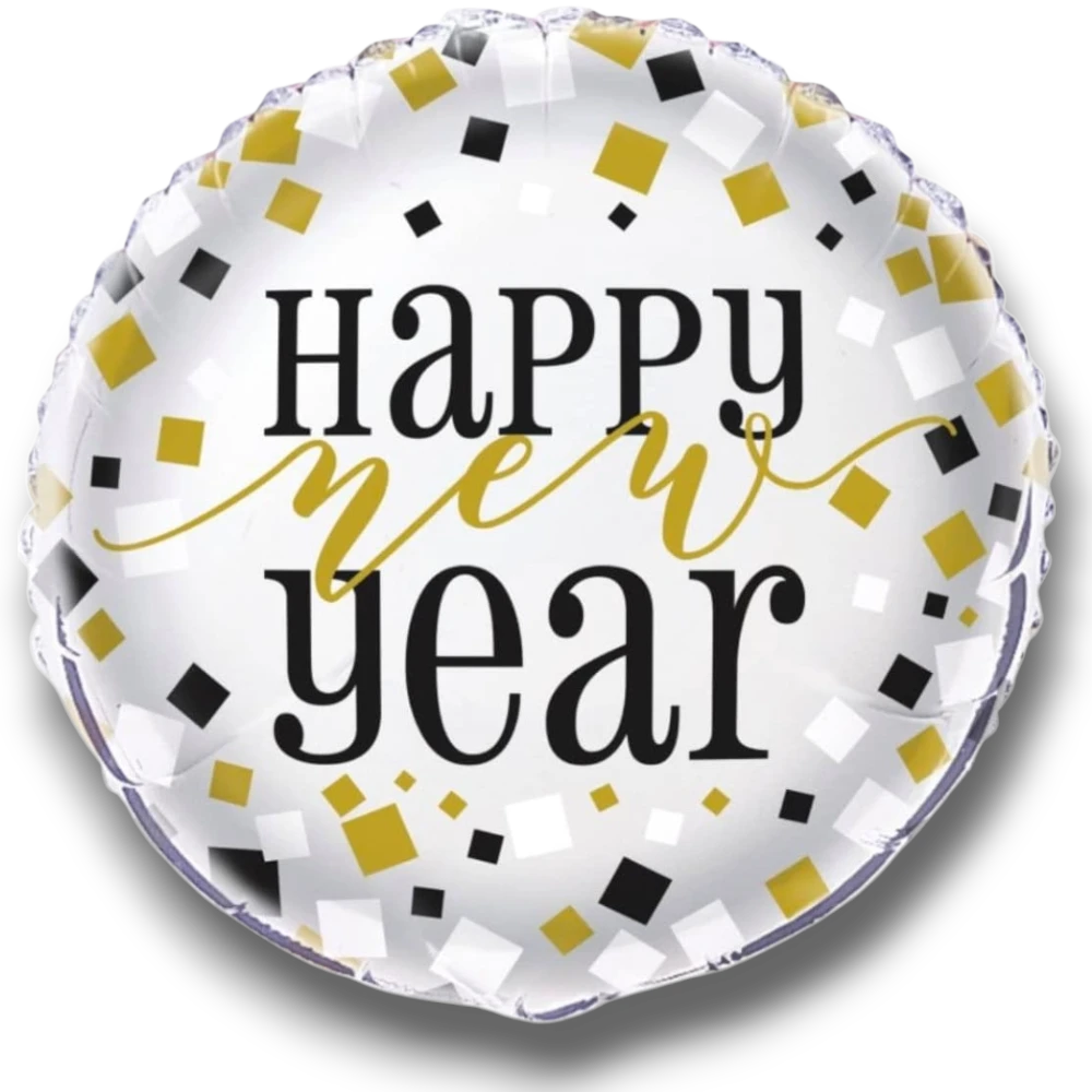 Globo metalizado redondo PartyStore de 18 pulgadas con diseño de confeti dorado y negro y texto Happy New Year