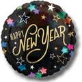 Globo metalizado PartyStore de 18 pulgadas con diseño Happy New Year, estrellas coloridas y confeti sobre fondo negro