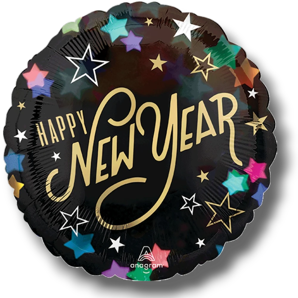 Globo metalizado PartyStore de 18 pulgadas con diseño Happy New Year, estrellas coloridas y confeti sobre fondo negro