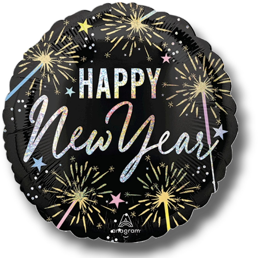 Globo metalizado PartyStore de 18 pulgadas con diseño de fuegos artificiales y texto Happy New Year brillante