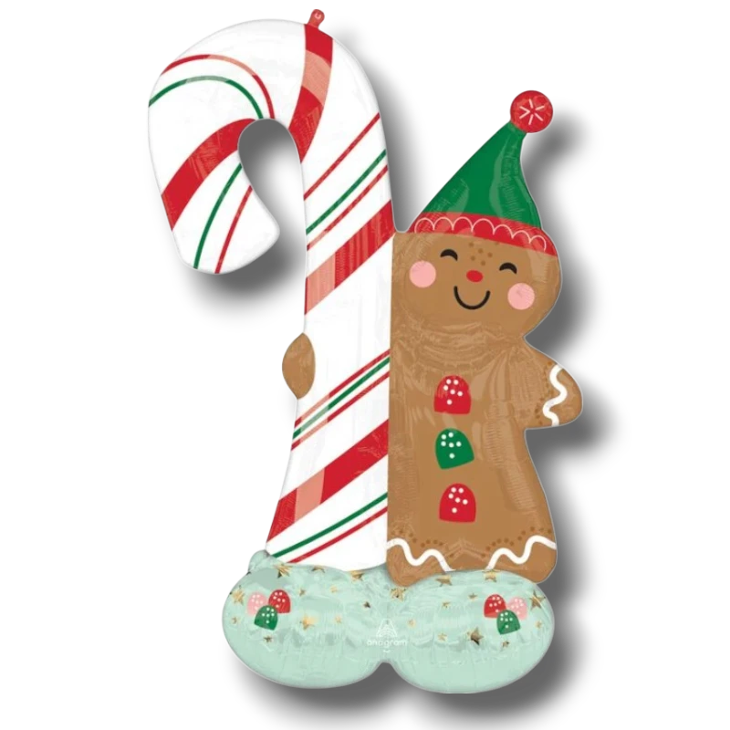 Globo de aluminio Airloonz Merry Christmints de PartyStore con forma de hombre de jengibre y bastón de caramelo
