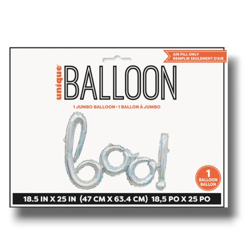 Globo metalizado PartyStore con forma de letras Boo en color plateado iridiscente para decoracion de Halloween