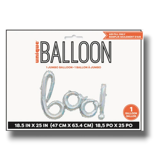 Globo metalizado PartyStore con forma de letras Boo en color plateado iridiscente para decoracion de Halloween
