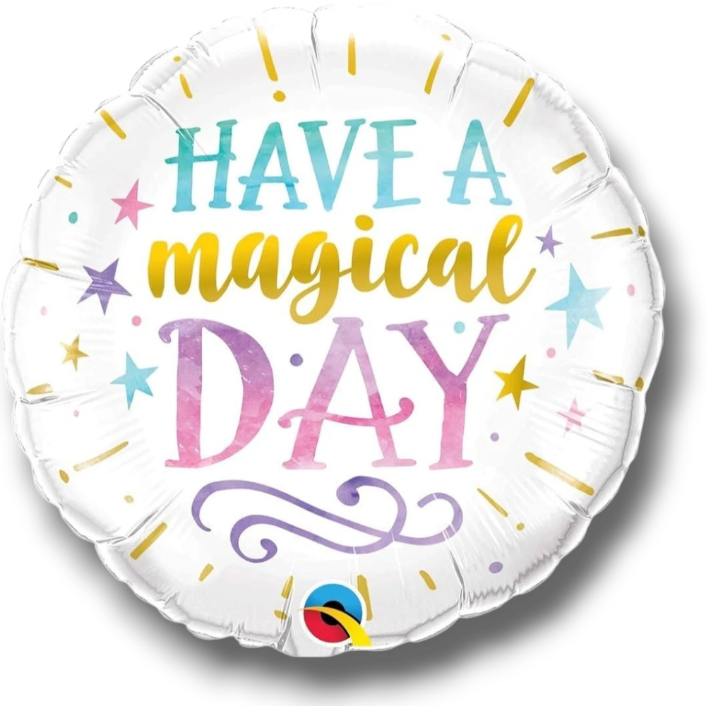 Globo redondo PartyStore de 18 pulgadas con diseño colorido y la frase Have a Magical Day y estrellas decorativas