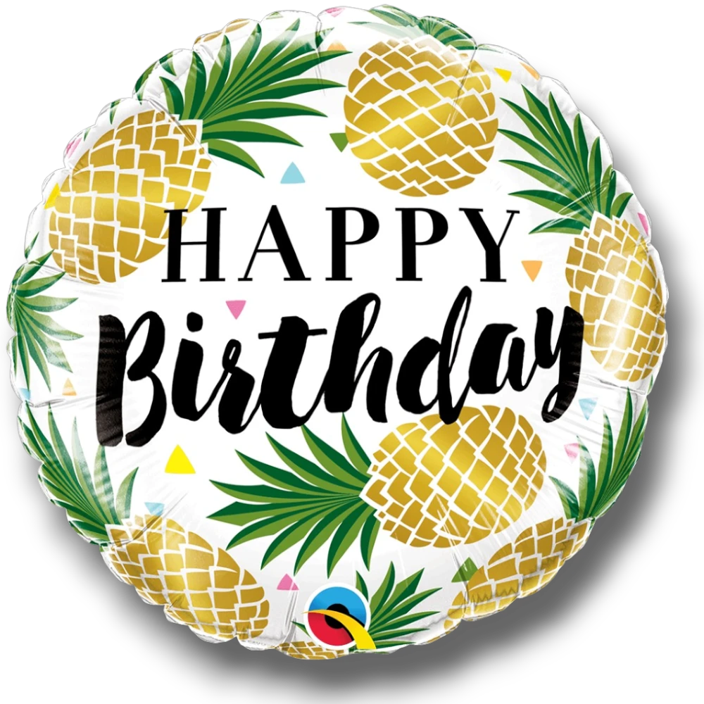 Globo metalizado redondo PartyStore de 18 pulgadas con diseño de piñas doradas y texto Happy Birthday