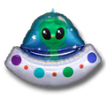 Globo metalizado de PartyStore con forma de nave espacial alienígena, colores azul, verde y plateado brillante.
