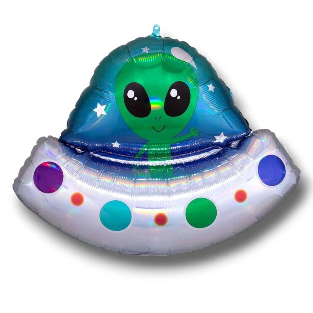 Globo metalizado de PartyStore con forma de nave espacial alienígena, colores azul, verde y plateado brillante.