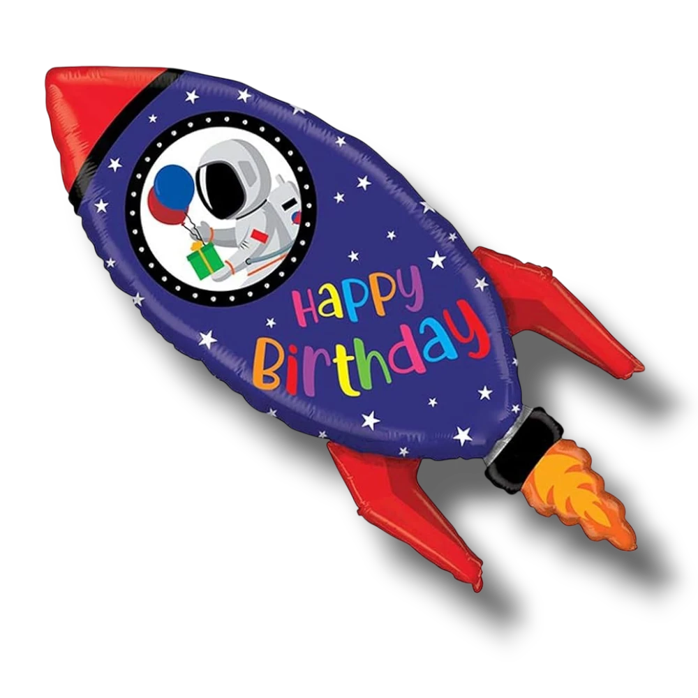 Globo metalizado PartyStore con forma de nave espacial azul, astronauta y mensaje Happy Birthday para fiestas