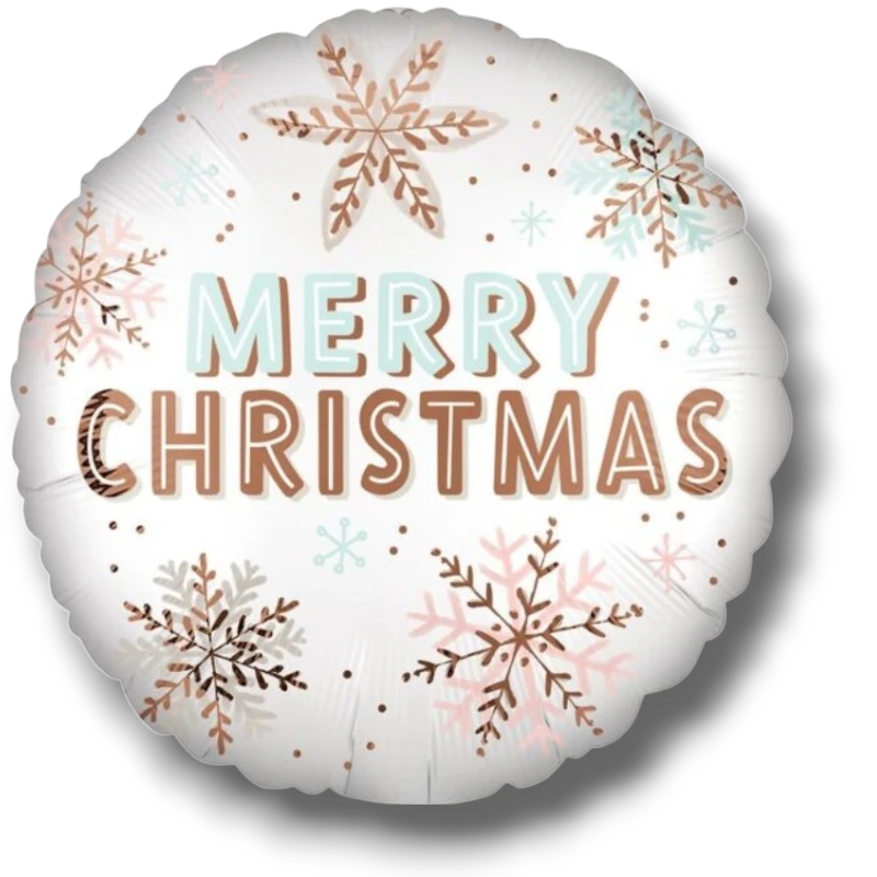 Globo PartyStore de 18 pulgadas con acabado satinado, diseño de copos de nieve y texto Merry Christmas en tonos pastel
